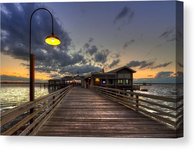 Boats Canvas Print featuring the photograph Dock lights at Jekyll Island by Debra and Dave Vanderlaan