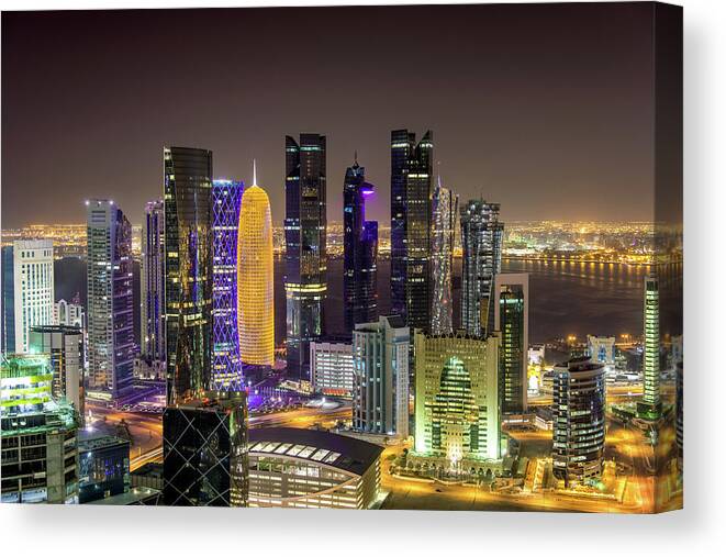 Arabia Canvas Print featuring the photograph Doha By Night Qatar by Mlenny
