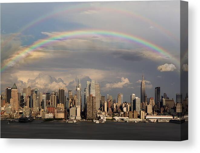 New York City Skyline Canvas Print featuring the photograph Double Rainbow Over NYC by Susan Candelario