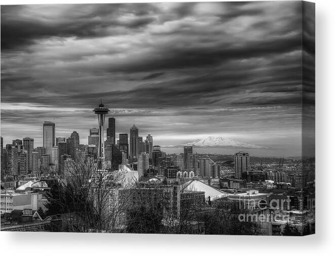 Seattle Canvas Print featuring the photograph Downtown Seattle Black and White by Eddie Yerkish