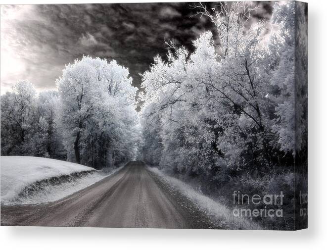 Infrared Canvas Print featuring the photograph Dreamy Surreal Infrared Country Road Landscape by Kathy Fornal