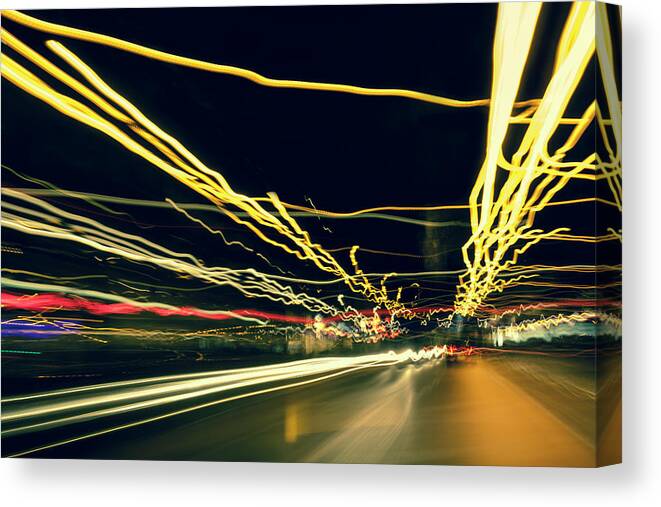 Car Interior Canvas Print featuring the photograph Driving At Night With Abstract City by 77studio