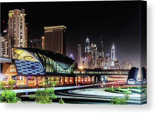 Construction Site Canvas Print featuring the photograph Dubai Jumeirah Lakes Towers Metro by Juergen Sack