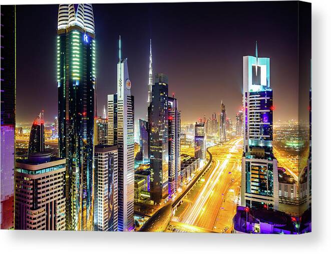 Apartment Canvas Print featuring the photograph Dubai Skyscrapers, United Arab Emirates by Mbbirdy