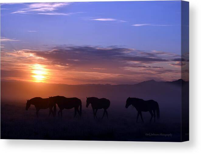 Wild Mustang Horse Stallion Sunset Dust Utah Sky Canvas Print featuring the photograph Dusty Dusk Mustangs by Dirk Johnson