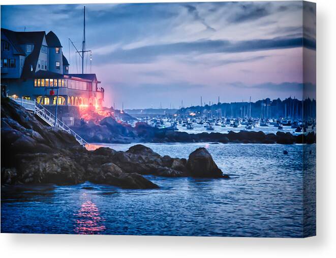 Bursts Of Light Canvas Print featuring the photograph Corinthian Yacht Club Marblehead harbor illumination by Jeff Folger