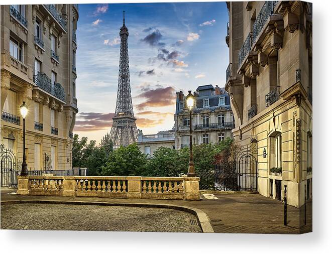 Atmosphere Canvas Print featuring the photograph Eiffel Tower with Haussmann apartment Buildings in foreground, Paris, France by Harald Nachtmann