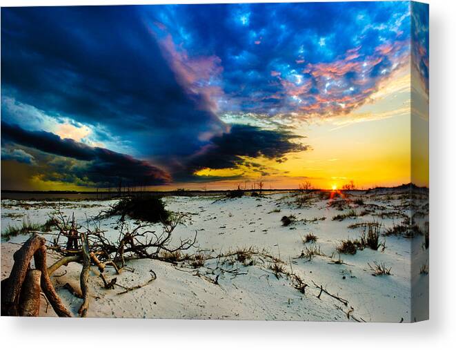 Approaching-storm Canvas Print featuring the photograph Encroaching Storm Landscape-Blue Clouds Sunset Beach by Eszra