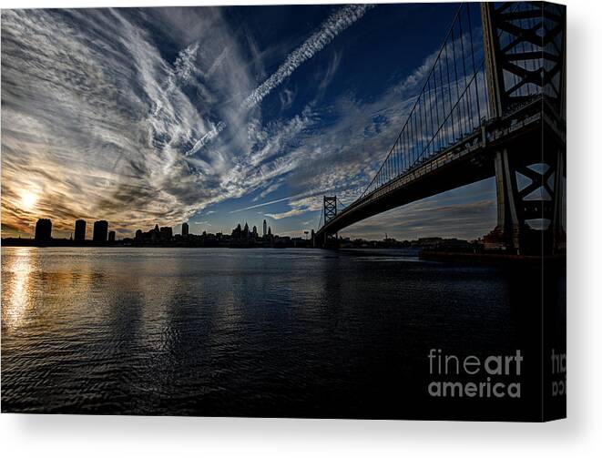 Ben Canvas Print featuring the photograph Entropy - Philly Skyline and the Ben Franklin Bridge by Mark Ayzenberg