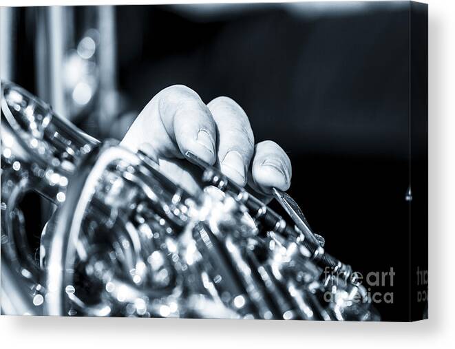 Brass Canvas Print featuring the photograph Extreme Close Up Of Fingering Of French Horn by Peter Noyce