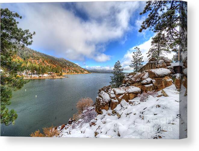 Fall Canvas Print featuring the photograph Fall Snow Storm at Big Bear Lake by Eddie Yerkish