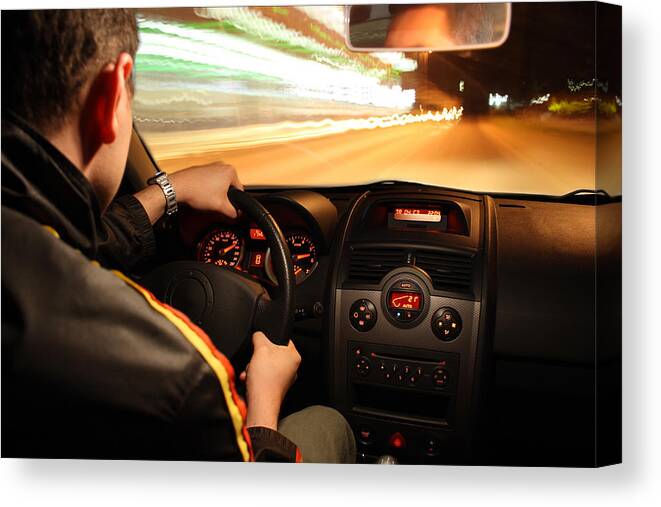 Car Interior Canvas Print featuring the photograph Fast night drive by Damircudic