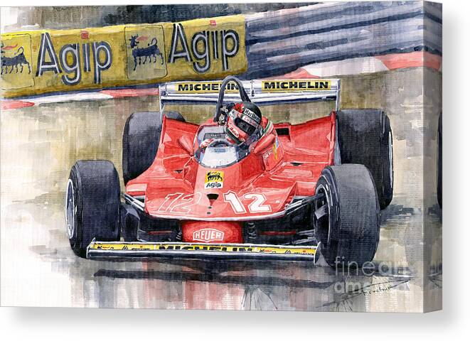 Shevchukart Canvas Print featuring the painting Ferrari 312T4 Gilles Villeneuve Monaco GP 1979 by Yuriy Shevchuk