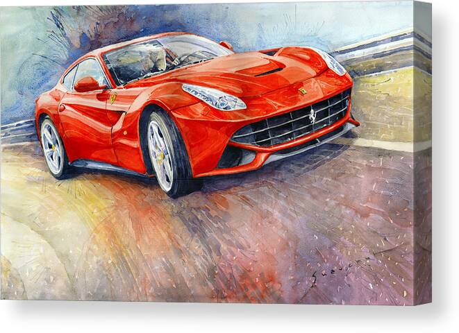 Watercolor Canvas Print featuring the painting 2014 Ferrari F12 Berlinetta by Yuriy Shevchuk