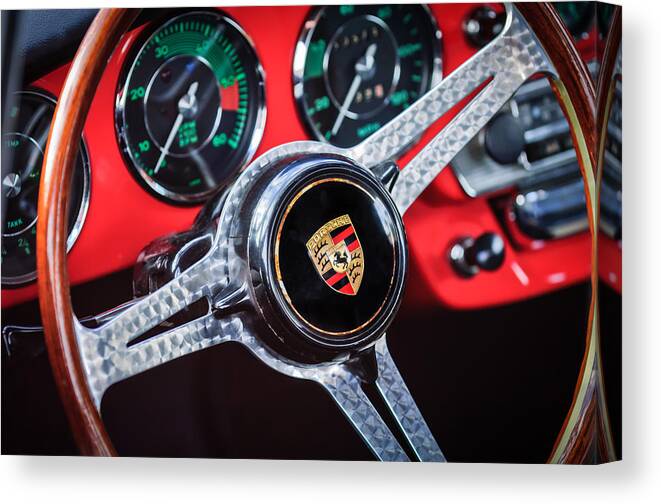 Porsche Steering Wheel Emblem Canvas Print featuring the photograph Porsche Steering Wheel Emblem -0538 by Jill Reger