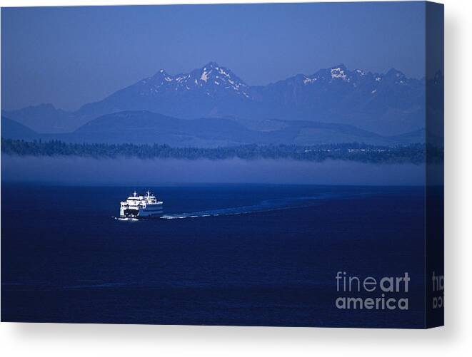 Travel Canvas Print featuring the photograph Ferry boat in Puget Sound with Olympic Mountains by Jim Corwin