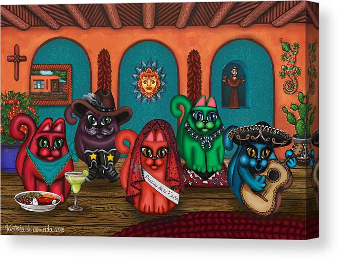 Folk Art Canvas Print featuring the painting Fiesta Cats II by Victoria De Almeida