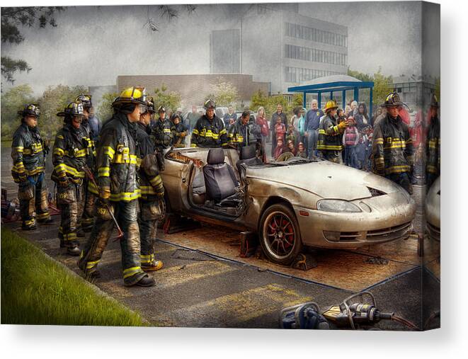 Fireman Canvas Print featuring the photograph Firemen - The fire demonstration by Mike Savad