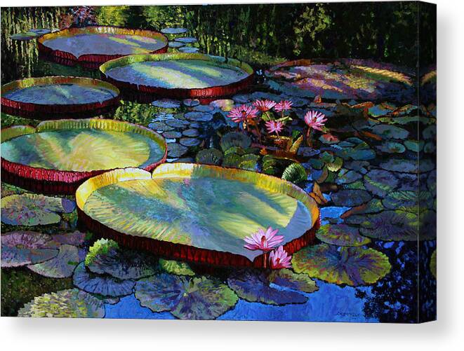 Garden Pond Canvas Print featuring the painting First Morning Light by John Lautermilch