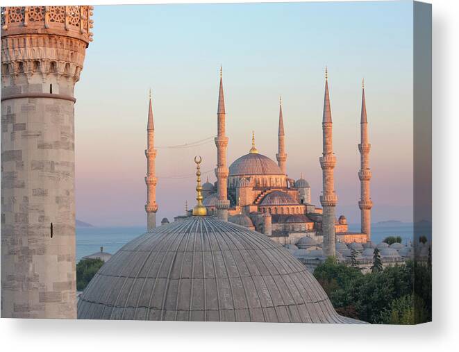Istanbul Canvas Print featuring the photograph Firuz Aga And Blue Mosque At Sunset by Laurie Noble
