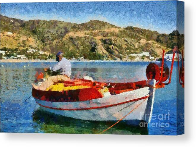 Ios Canvas Print featuring the painting Fisherman in Ios island by George Atsametakis