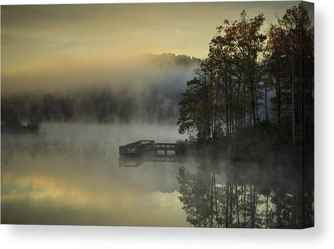 Fishing Dock In Fog Canvas Print featuring the photograph Fishing Dock by David Waldrop