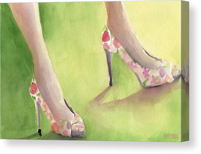 Fashion Canvas Print featuring the painting Flowered Shoes Fashion Illustration Art Print by Beverly Brown