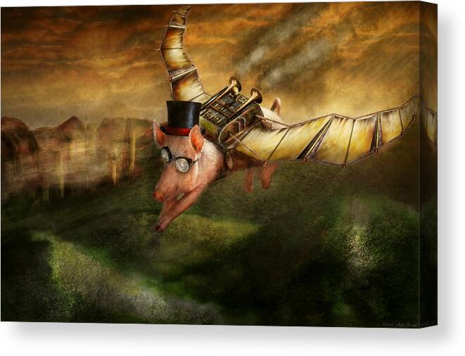 Pig Canvas Print featuring the photograph Flying Pig - Steampunk - The flying swine by Mike Savad