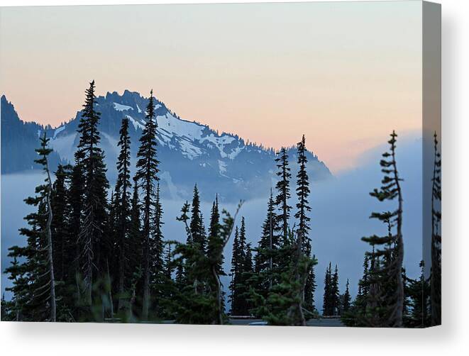 Sunset Canvas Print featuring the photograph Mt. Rainier's Foggy Sunset by E Faithe Lester
