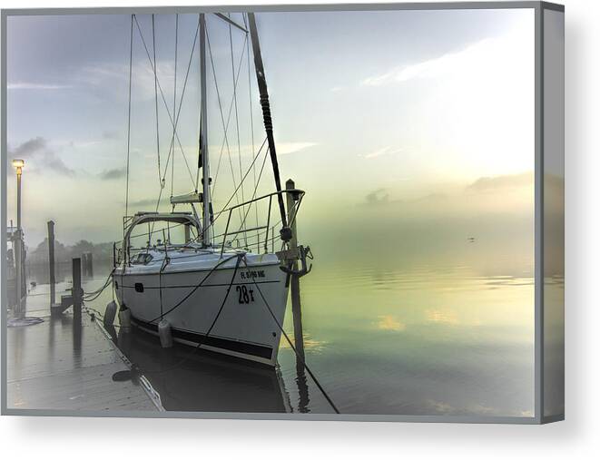 New Smyrna Beach Canvas Print featuring the photograph Foggy Morning at the Dock by Dorothy Cunningham