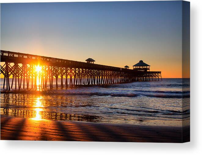 Ocean Canvas Print featuring the photograph Folly Beach Pier at Sunrise by Lynne Jenkins