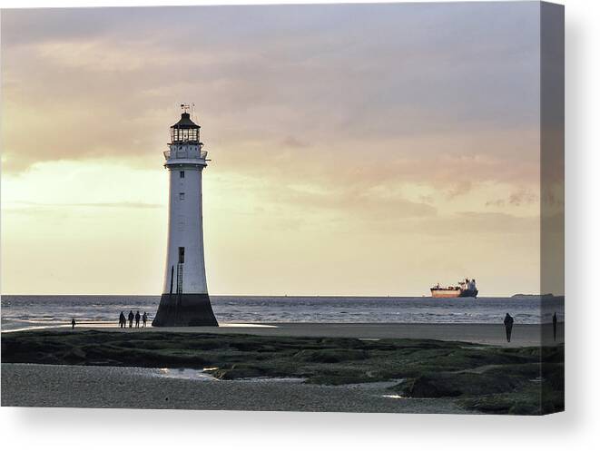 Lighthouse Canvas Print featuring the photograph Fort Perch Lighthouse and ship by Spikey Mouse Photography