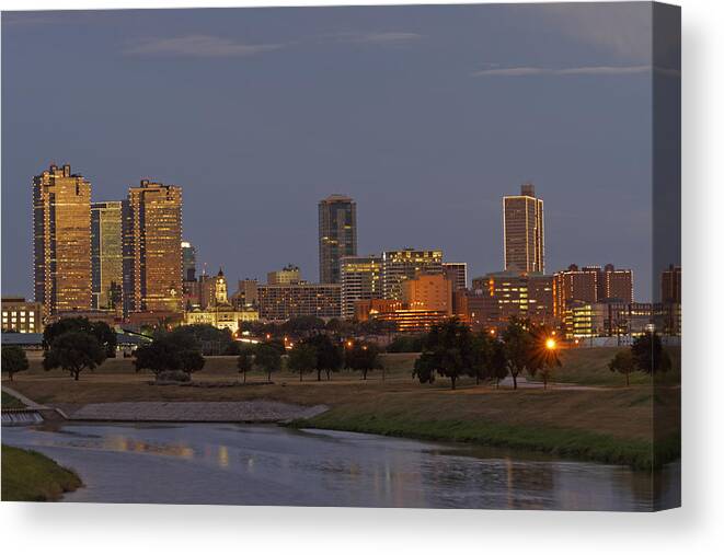 Sunset Canvas Print featuring the photograph Fort Worth Skyline Golden Hour by Jonathan Davison
