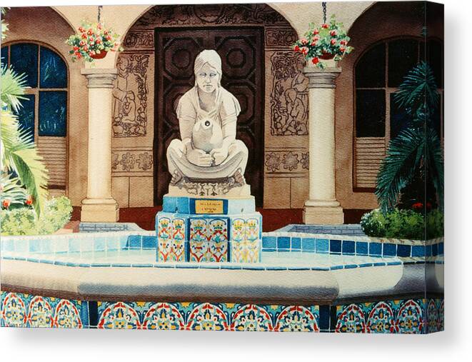 Fountain Canvas Print featuring the painting Fountain at Cafe Del Rey Moro by Mary Helmreich