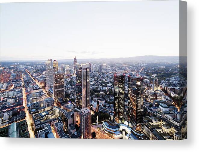 Financial District Canvas Print featuring the photograph Frankfurt Banking District At Dusk by Raimund Koch