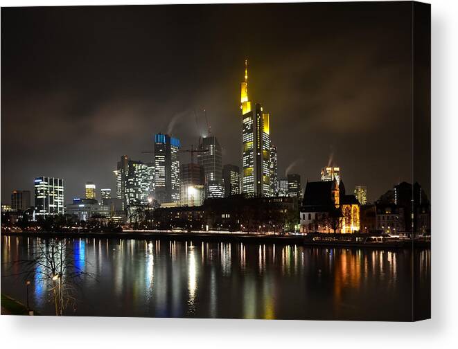 Europa Tower Canvas Print featuring the photograph Frankfurt Skyline At Night Reflected On by Sir Francis Canker Photography