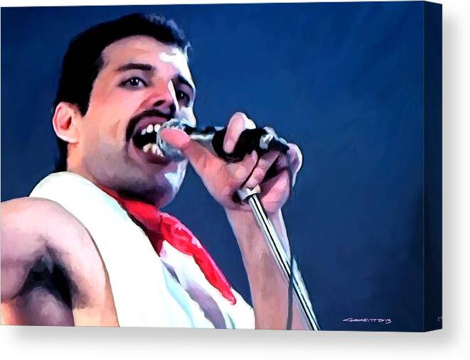 Queen Canvas Print featuring the digital art Freddie Mercury performance We will rock you - Queen Series by Gabriel T Toro