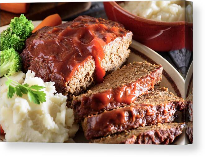 Roast Dinner Canvas Print featuring the photograph Fresh baked tomato glazed meatloaf served with mashed potato by 4kodiak