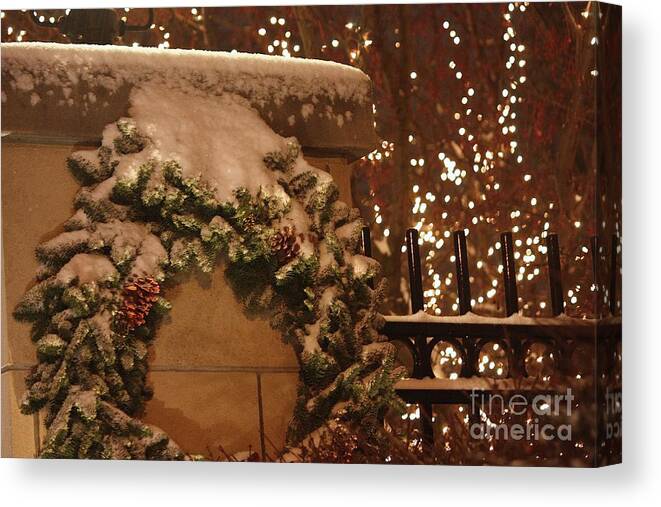 Snow Canvas Print featuring the photograph Fresh Snow at Night by Veronica Batterson