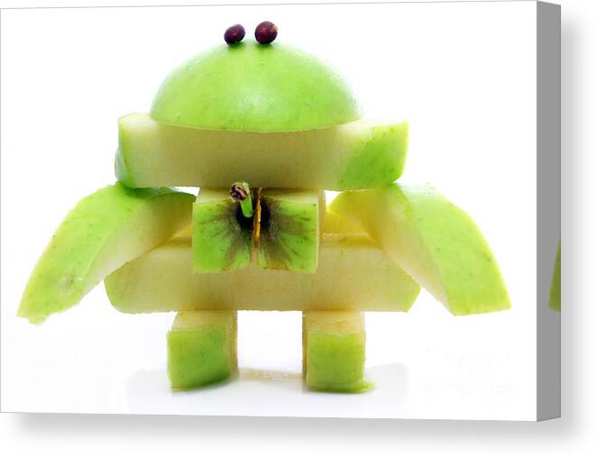 Apple Canvas Print featuring the photograph Friendly apple monster made from one apple by Simon Bratt