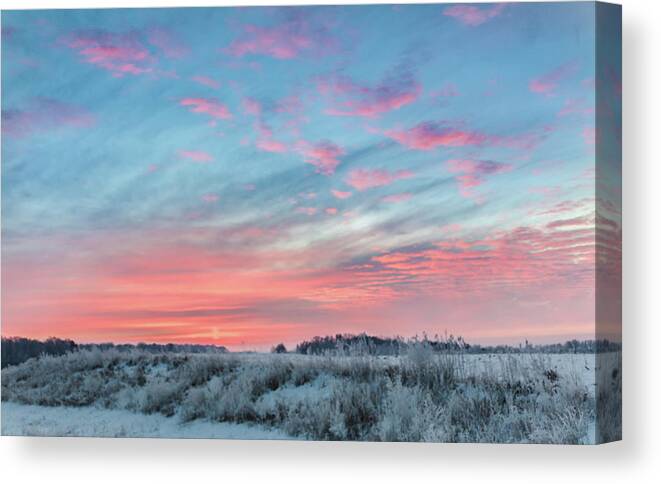 Scenics Canvas Print featuring the photograph Frosty Pastel Winter Sunrise Skies Of by Carl M Christensen