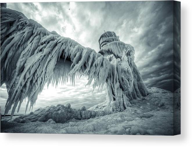 Lighthouse Frozen Ice Icicles Dramatic St. Joseph Nature Canvas Print featuring the photograph Frozen Lighthouse by Mike Lanzetta