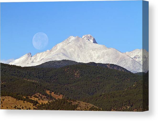 Colorado Canvas Print featuring the photograph Full Moon Setting Over Snow Covered Twin Peaks by James BO Insogna