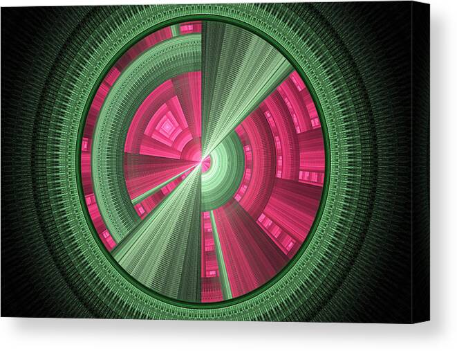 Fractal Canvas Print featuring the photograph Futuristic Tech Disc Green And Pink Fractal Flame by Keith Webber Jr