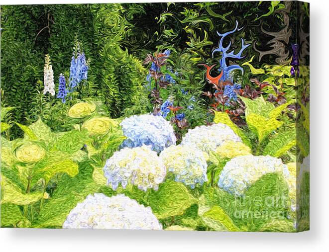 Beautiful+garden Canvas Print featuring the photograph Garden with White Lavender Hydrangeas and Bluebells by Beverly Claire Kaiya