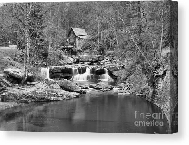 Glade Creek Black And White Canvas Print featuring the photograph Glade Creek Grist Mill In Black And White by Adam Jewell