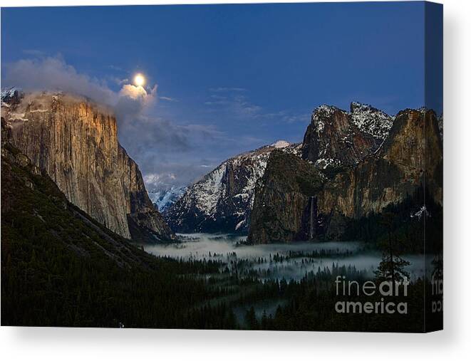 Moonrise Canvas Print featuring the photograph Glow - Moonrise over Yosemite National Park. by Jamie Pham