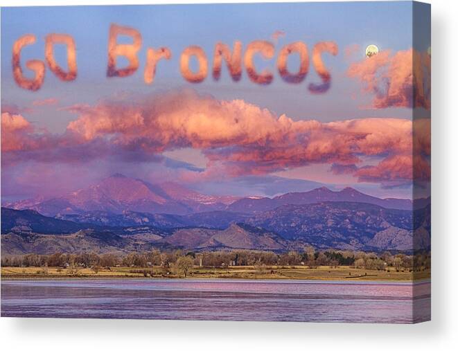 Go Broncos Canvas Print featuring the photograph Go Broncos Colorado Front Range Longs Moon Sunrise by James BO Insogna