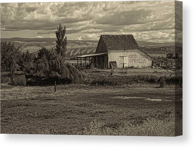Barn Canvas Print featuring the photograph God Bless America Barn Black and White by Cathy Anderson