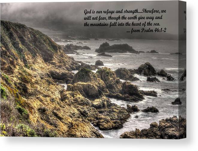 California Canvas Print featuring the photograph God - Our Refuge and Strength Though the Mountains Fall Into the Sea - from Psalm 46.1-2 - Big Sur by Michael Mazaika